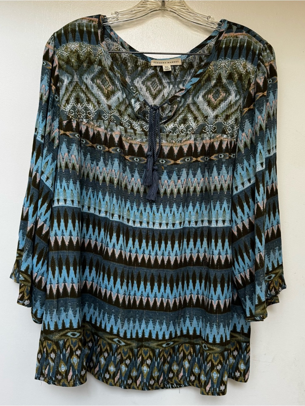 Farmers Market Blue and Green Aztec-Patterned Peasant Tunic with Tassel Tie